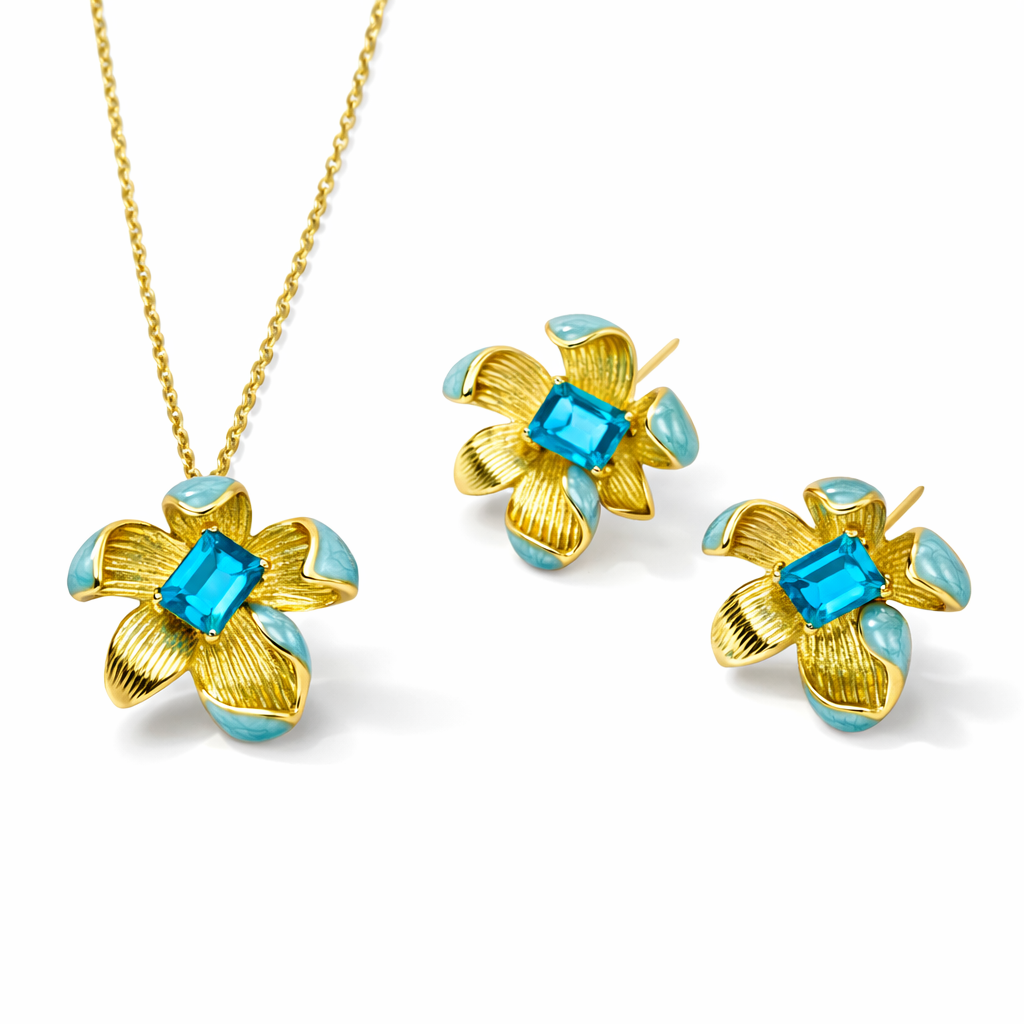 Ocean Blue Floral Gold Finish Pendant Set
