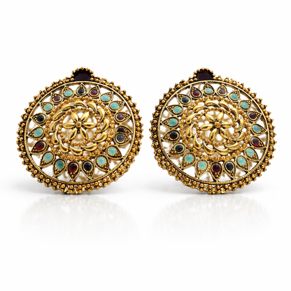 Antique Gold Floral Mandala Stud Earrings with Turquoise & Ruby Stones