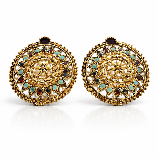 Antique Gold Floral Mandala Stud Earrings with Turquoise & Ruby Stones