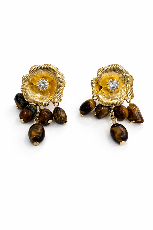 Floral Gold Statement Earrings with Tiger Eye Drops