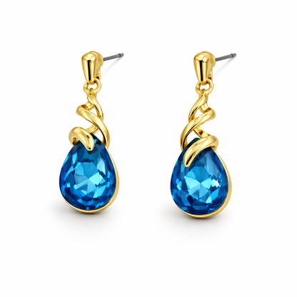Gold-plated blue tear-drop stone pendant jewelry set by Jinam featuring matching earrings and necklace on a white background.
