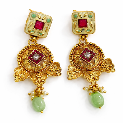 Royal Kundan Antique Gold Necklace Set with Green Beads & Matching Earrings