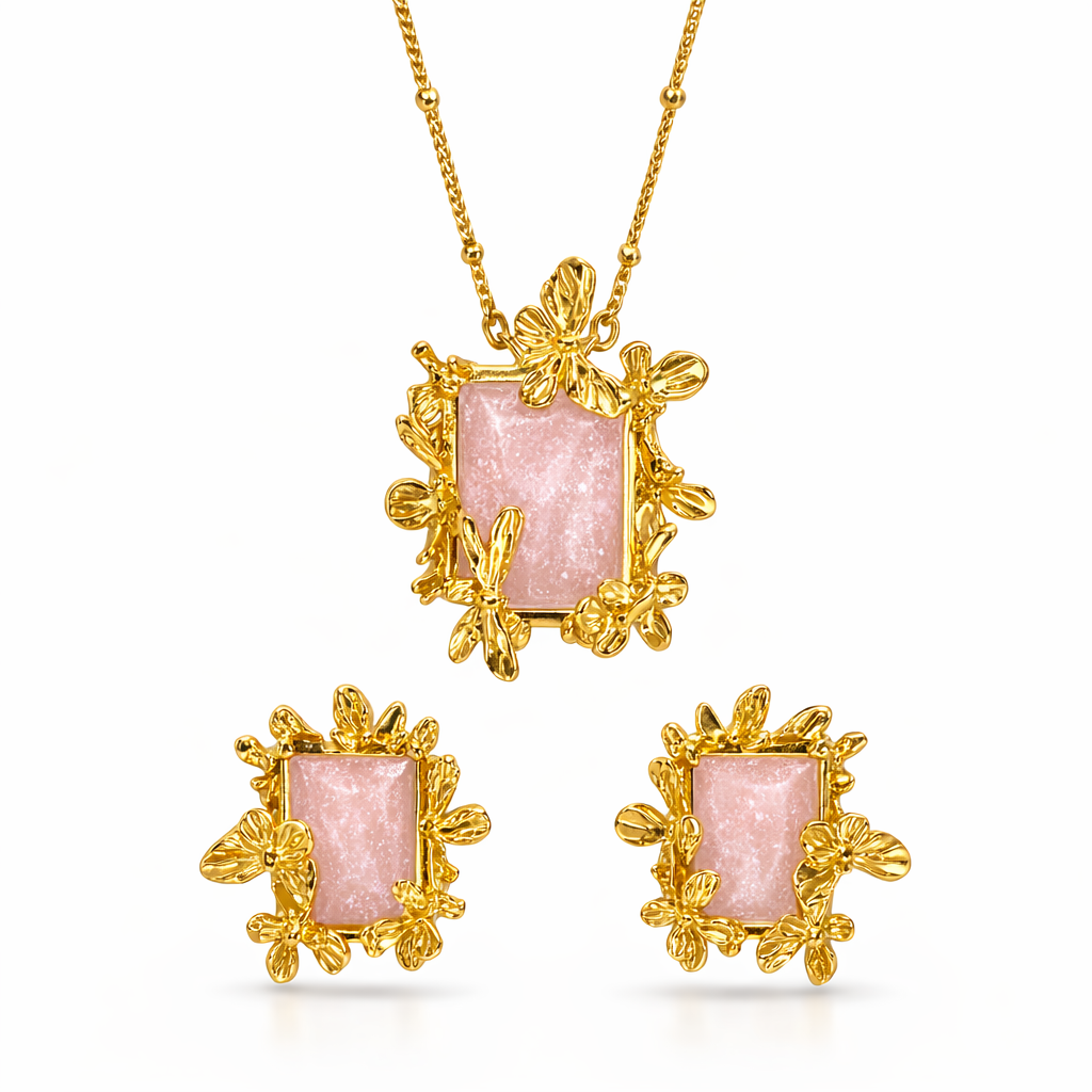 Designer Gold Floral Necklace and Earrings Set with Blush Pink Stone