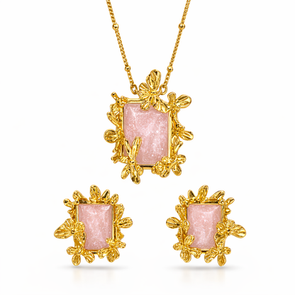 Designer Gold Floral Necklace and Earrings Set with Blush Pink Stone