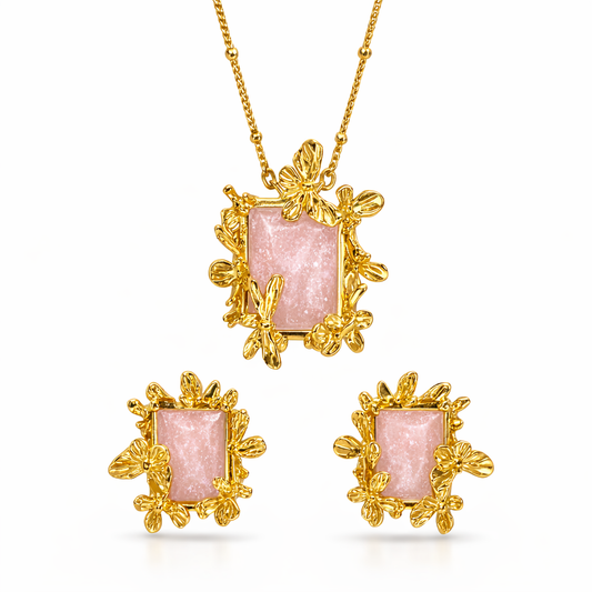 Designer Gold Floral Necklace and Earrings Set with Blush Pink Stone
