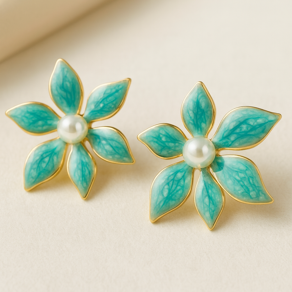 Aqua Floral Enamel Stud Earrings with Pearl Center