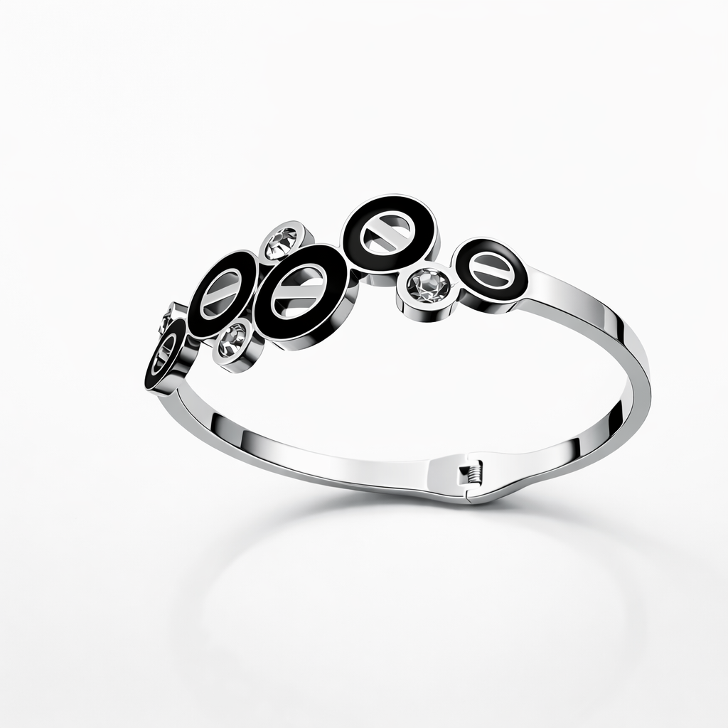Eclipse Noir Silver Bracelet – Modern Black Enamel & Crystal Designer Cuff
