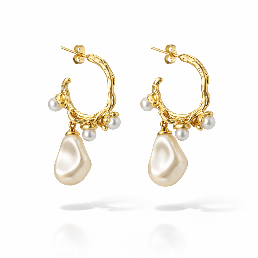 Luxury Gold Textured Hoop Earrings with Baroque Pearl Drop