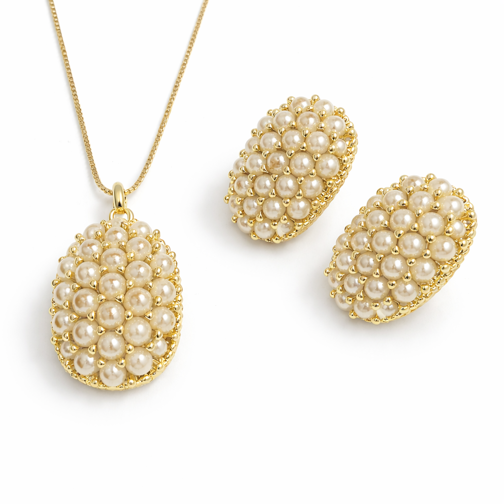 Gold Plated Oval Pearl Pendant Set with Stud Earrings