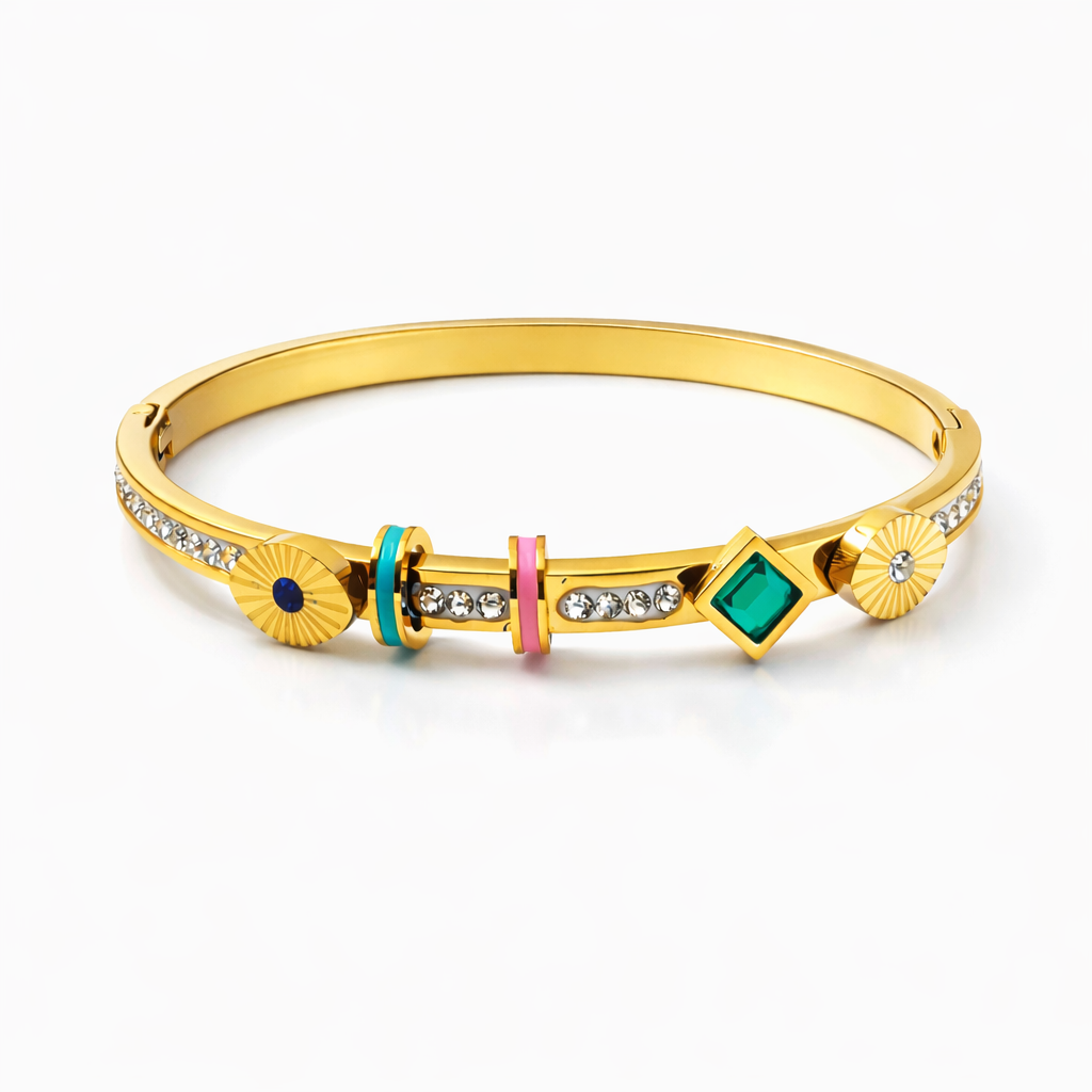 Elegant Gold-Tone Multi-Charm Bracelet with Green Stone & Enamel Accents | Anti-Tarnish