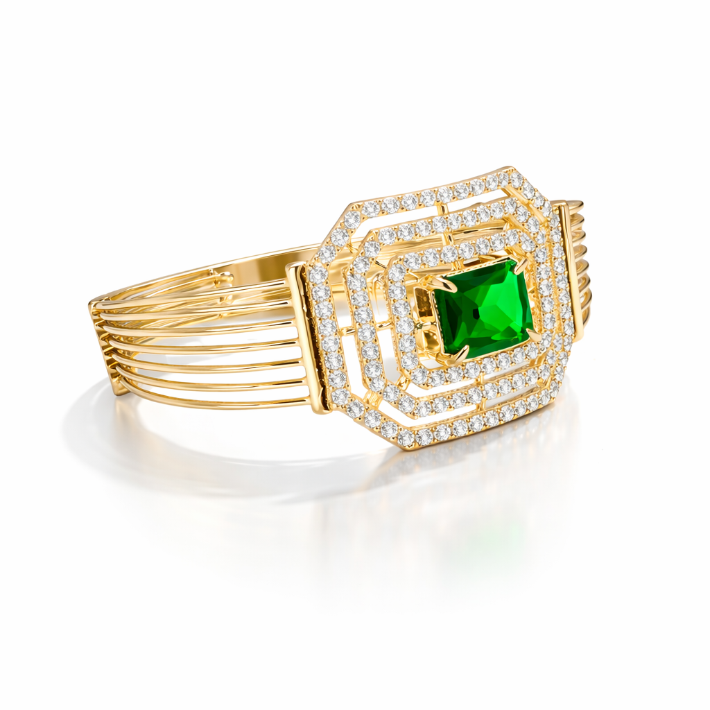 Gold-plated emerald octagon bracelet with Jinam branding, featuring a stylish gemstone design and intricate metalwork.