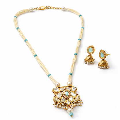 Aqua Kundan Pearl Handcrafted Necklace Set with Jhumkas