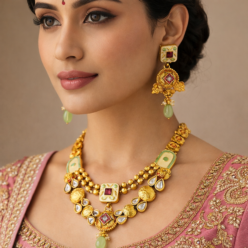 Royal Kundan Antique Gold Necklace Set with Green Beads & Matching Earrings