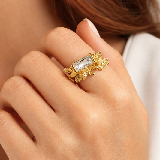 Butterfly Garden Statement Ring with Rectangle Crystal - Adjustable Gold Finish