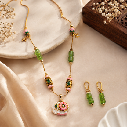 Meenakari Elephant Pendant Jewellery Set – Green Crystal & Gold Bead Necklace with Earrings
