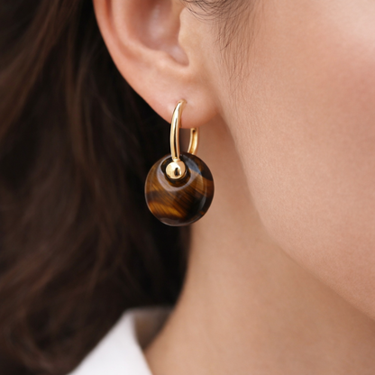 Designer Gold Drop Earrings with Tiger Eye Stone