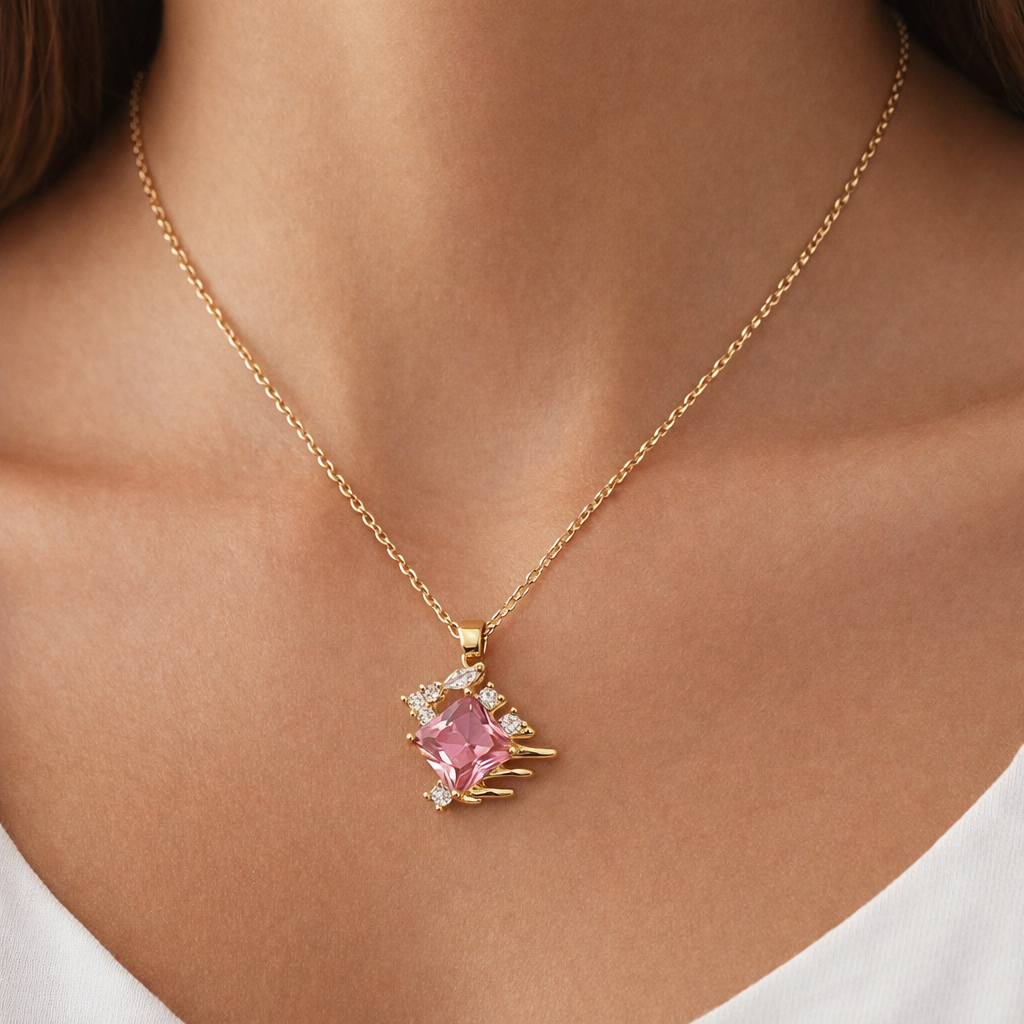 Pink Stone Gold Pendant Chain