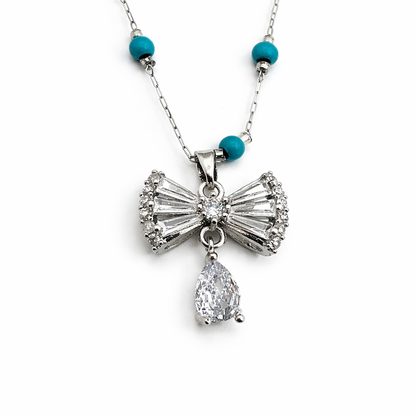 Turquoise Beaded Bow Crystal Drop Necklace