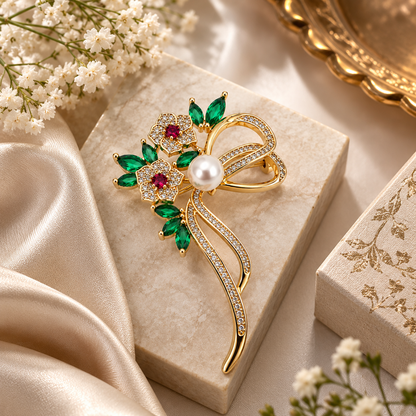 Gold-Tone Floral Bow Pearl-Effect Brooch