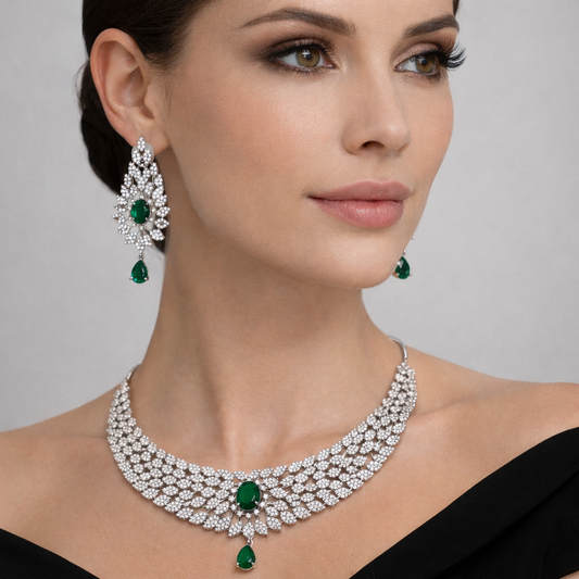 Silver Radiance Emerald AD Necklace Set