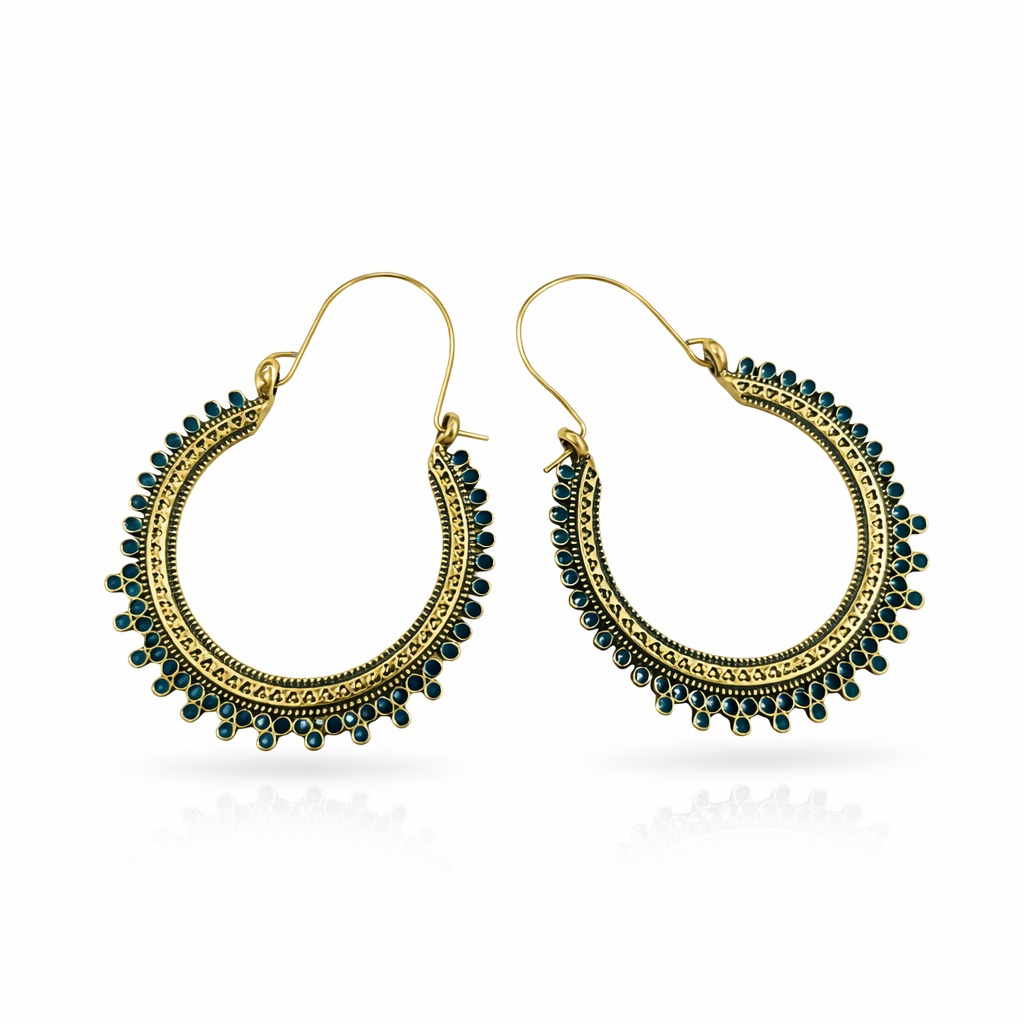 Antique gold-plated hoop earrings with black stone accents from Jinam, showcasing elegant jewelry design.
