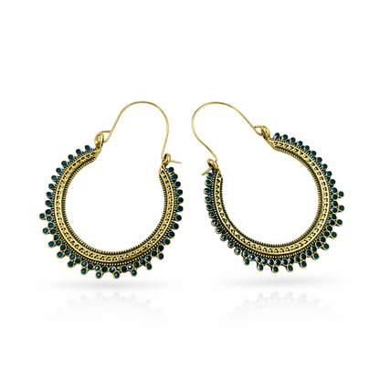 Antique gold-plated hoop earrings with black stone accents from Jinam, showcasing elegant jewelry design.