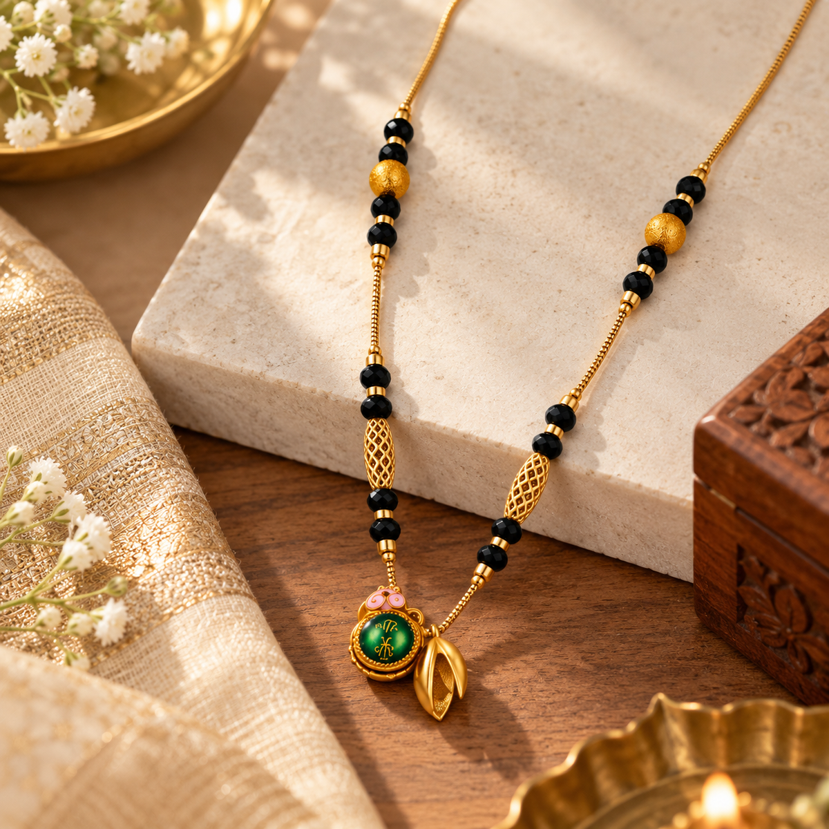 Black Beaded Green Medallion Leaf Drop Mangalsutra