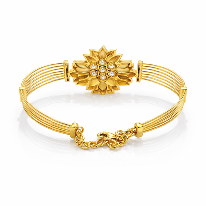 Antique gold floral Kundan statement bracelet with intricate design and vibrant gemstone accents by Jinam.