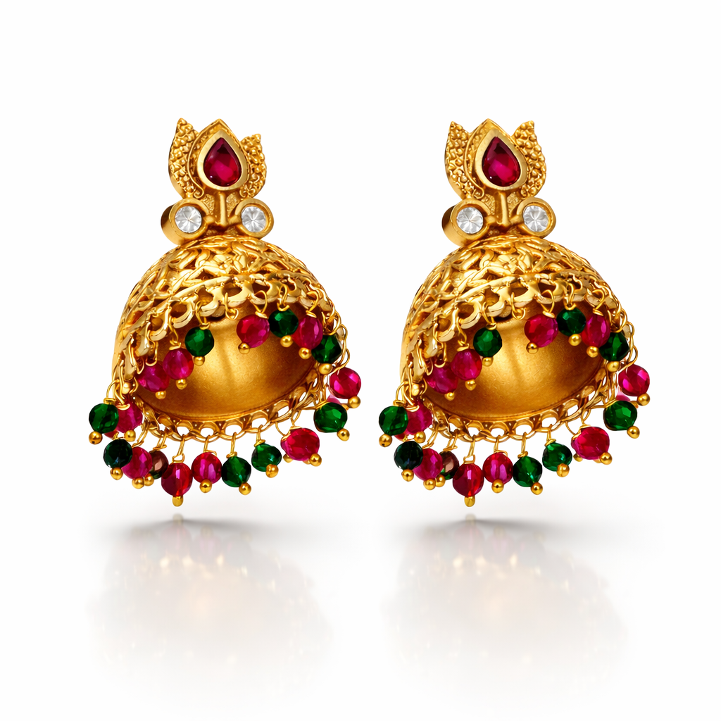 Jinam antitarnish temple Kundan imitation necklace set with matching Jhumka earrings, featuring intricate design and traditional craftsmanship.