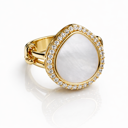 Classic Pearl Teardrop Ring with Diamond-Accented Border