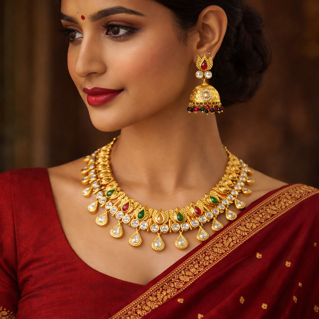 Jinam antitarnish temple kundan imitation necklace set with matching jhumka earrings, featuring intricate jewelry design.