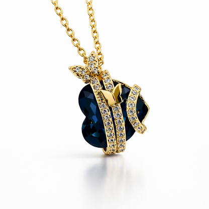Blue Heart Butterfly Pendant Necklace in Gold Finish