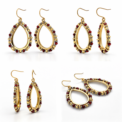 Red Crystal Beaded Open Teardrop Hoop Earrings in Gold-Tone