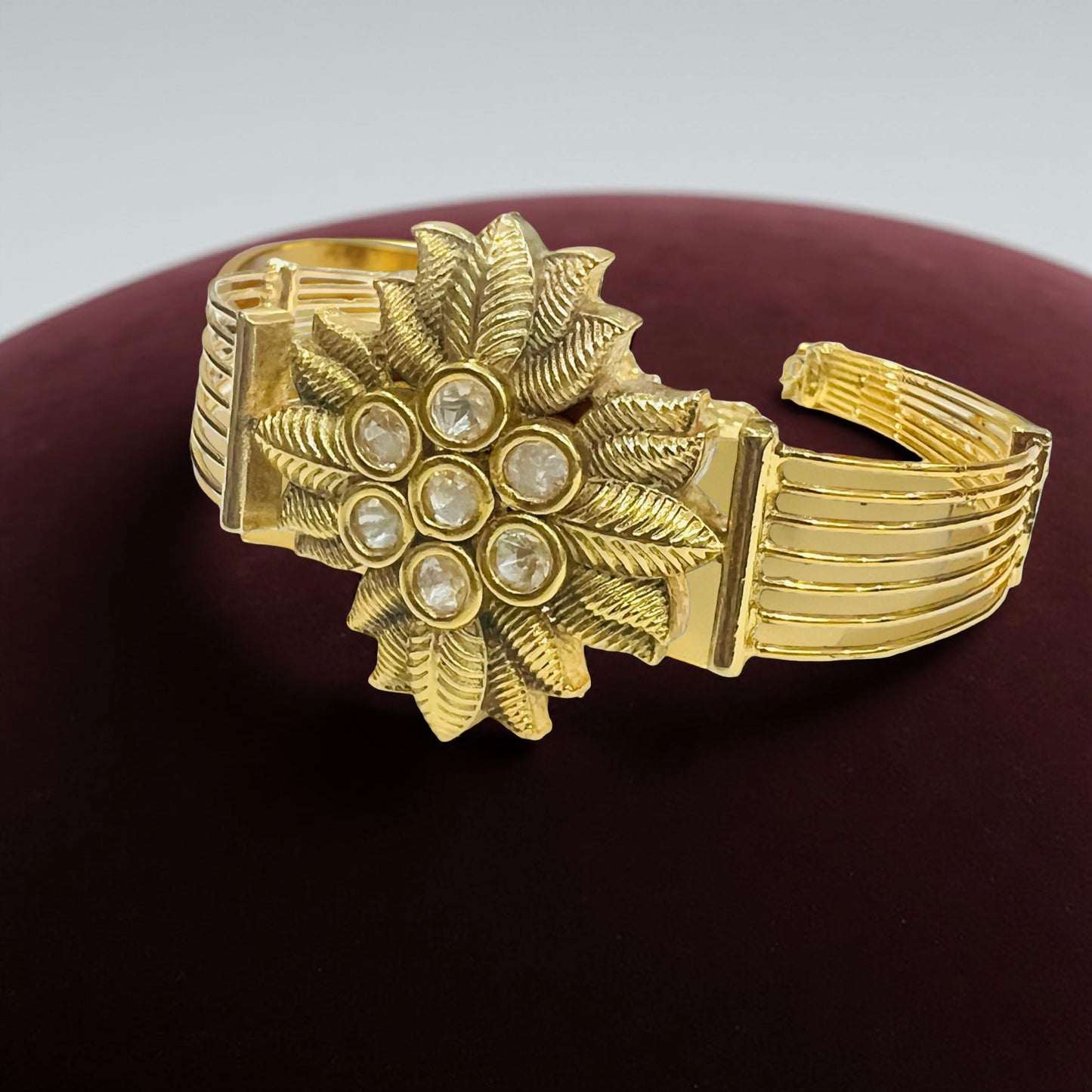 Floral Kundan Statement Bracelet in Antique Gold Finish