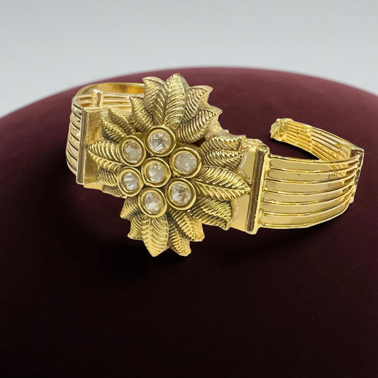 Floral Kundan Statement Bracelet in Antique Gold Finish