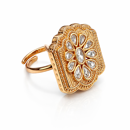 Heritage Polki Square Ring in Antique Gold Finish
