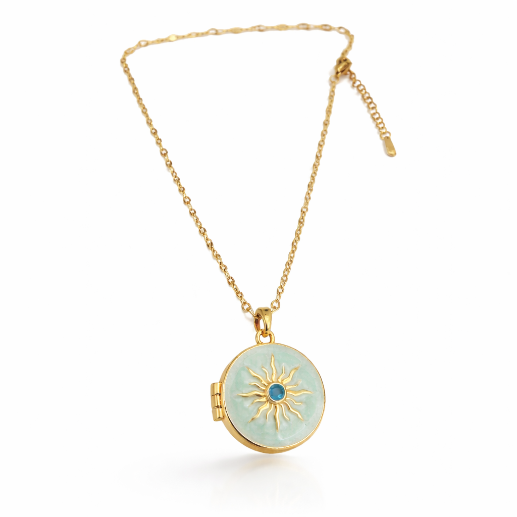 Sun Motif Enamel Gold Locket Pendant Chain