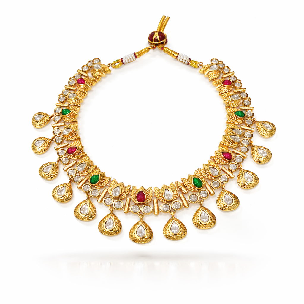 Jinam antitarnish temple Kundan necklace set with matching Jhumka earrings, traditional Indian jewelry with intricate design.