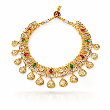 Jinam antitarnish temple Kundan necklace set with matching Jhumka earrings, traditional Indian jewelry with intricate design.