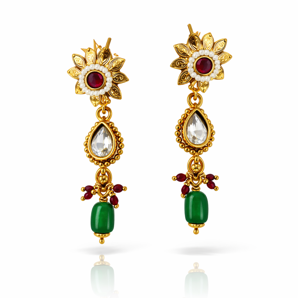 Jinam Floral Grace Ruby Emerald Necklace Set featuring a gold-tone necklace with floral design and gemstone accents.