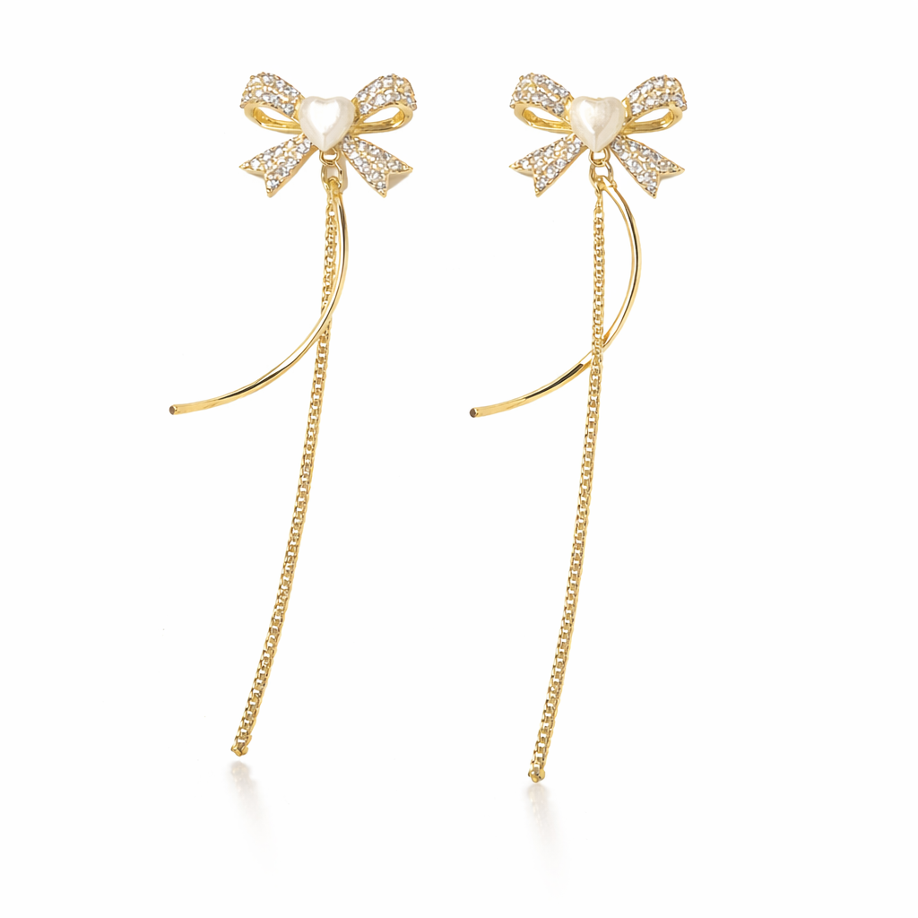 Heart Bow Pearl Drop Gold Earrings