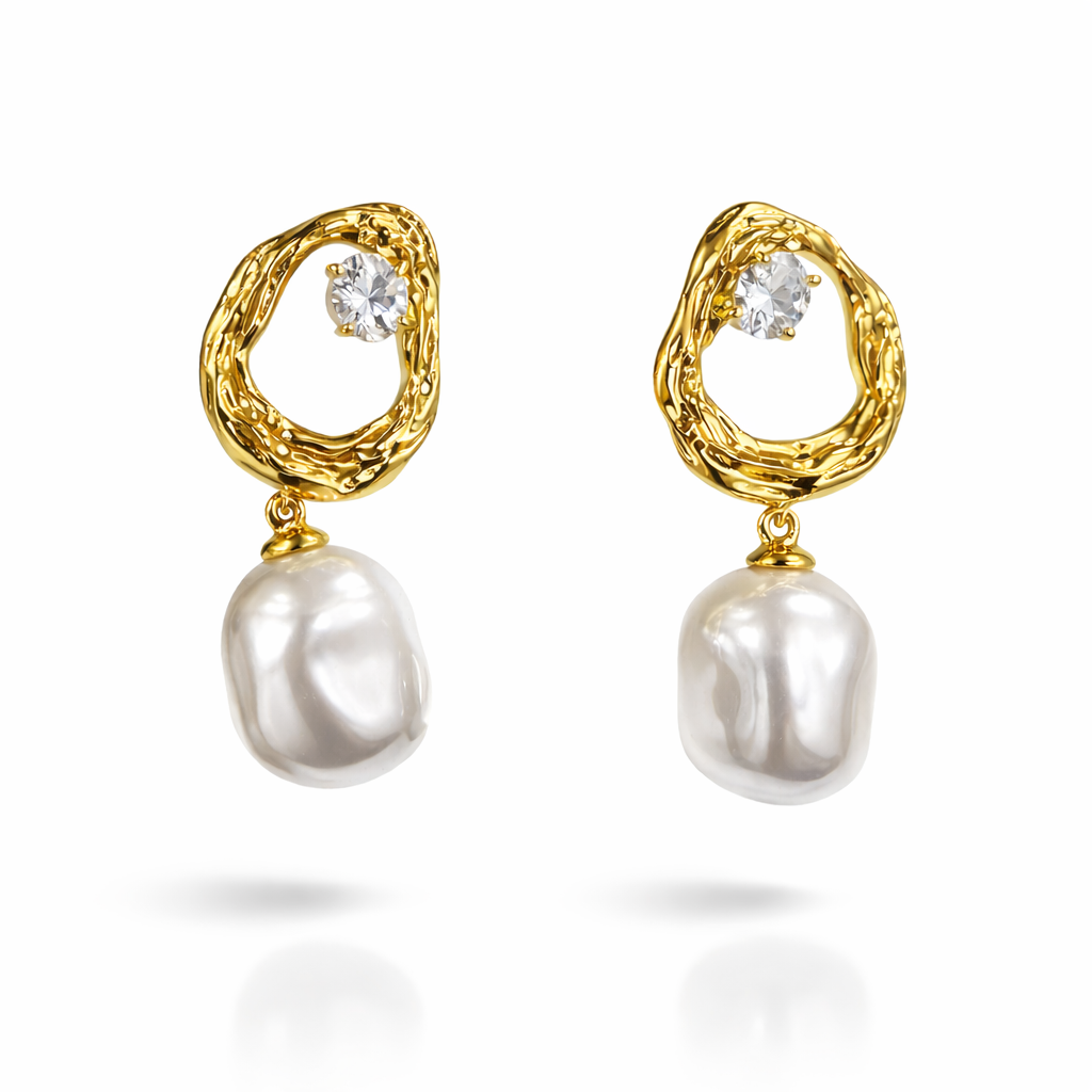 Textured Gold & Pearl Drop Stud Earrings