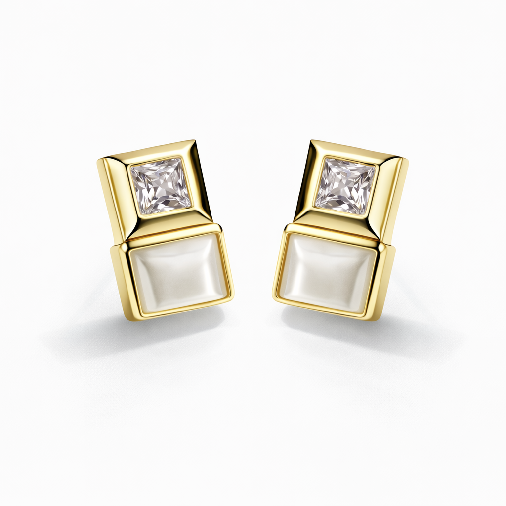 Dual Square Diamond & Pearl Gold Stud Earrings