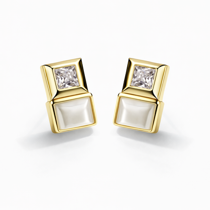 Dual Square Diamond & Pearl Gold Stud Earrings