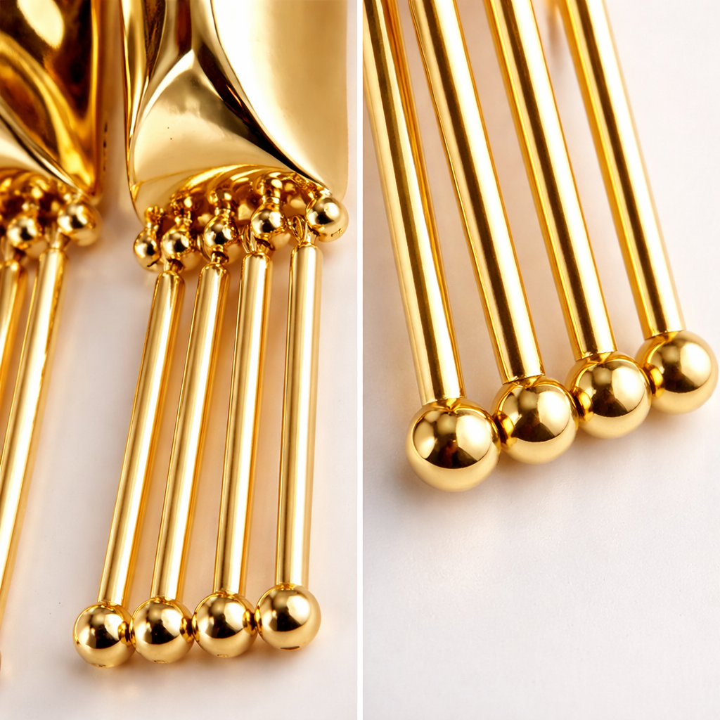 Gold Quilted Rectangle Tassel Bar Earrings with Ball-Tip Rod Drops