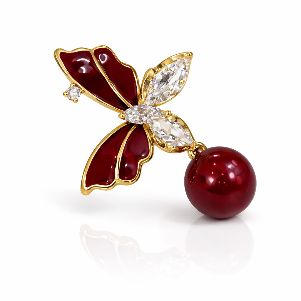 Ruby Butterfly Pearl Drop Earrings with Crystal Accents