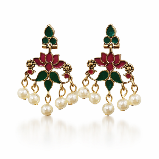 Jinam floral enamel earrings with pearl drop accents, showcasing colorful flower designs and elegant pearl details.
