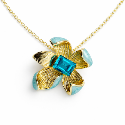 Ocean Blue Floral Gold Finish Pendant Set