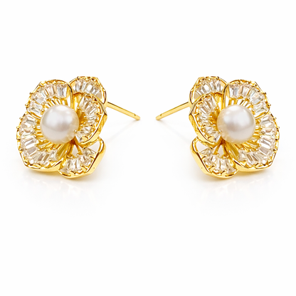 Classic Floral Pearl & Crystal Stud Earrings