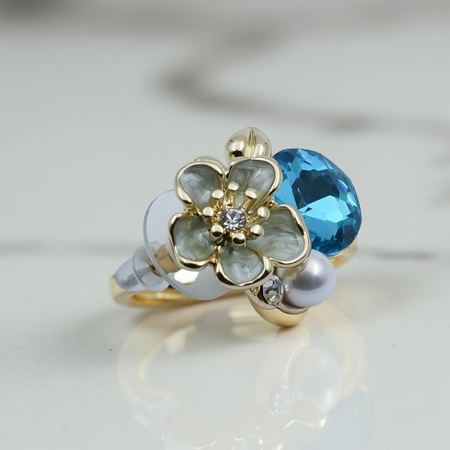Blue Crystal Floral Stud Earrings